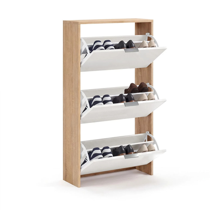 Zapatero de 3 puertas abatibles en roble canadian y blanco artik 60x113 cm Remi Roble Canadian - Blanco Artik (Blanco Mate)
