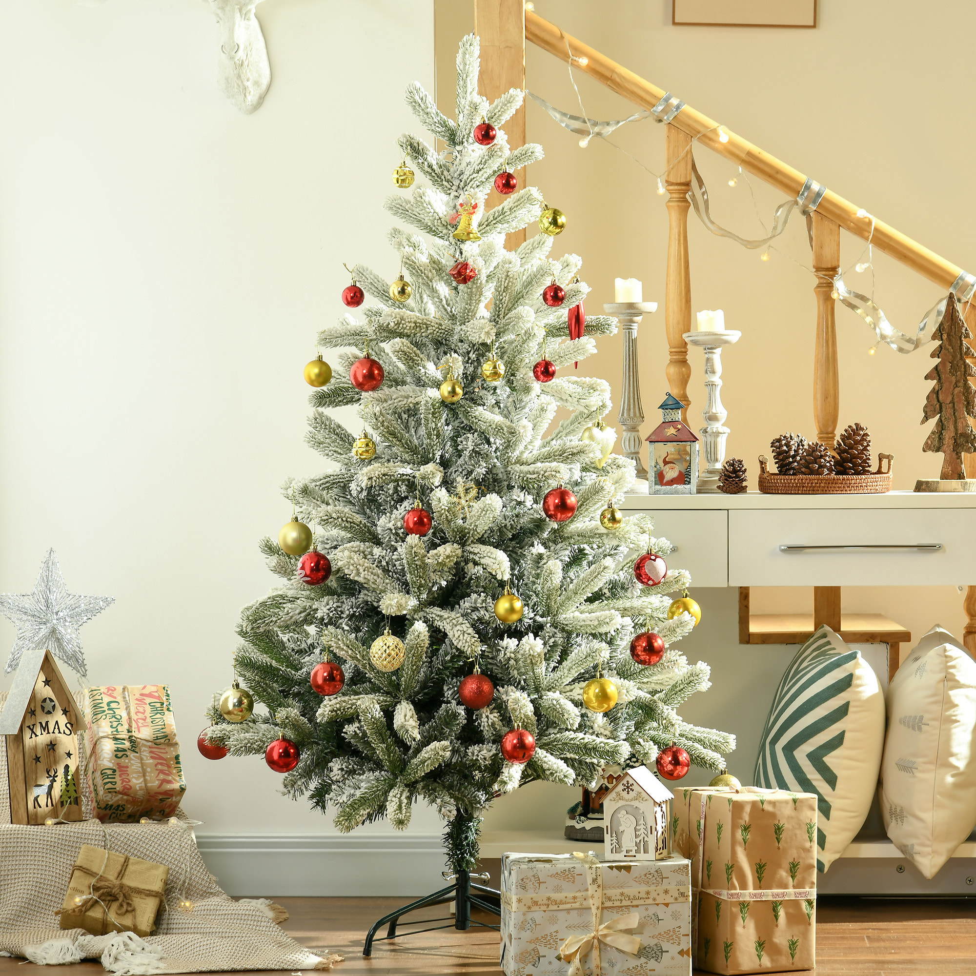 HOMCOM árbol de Navidad Nevado Artificial 150 cm con 521 Ramas PVC y PE Base Plegable y Soporte de Metal Decoración Navideña para Interiores Ø90x150 cm Verde y Blanco