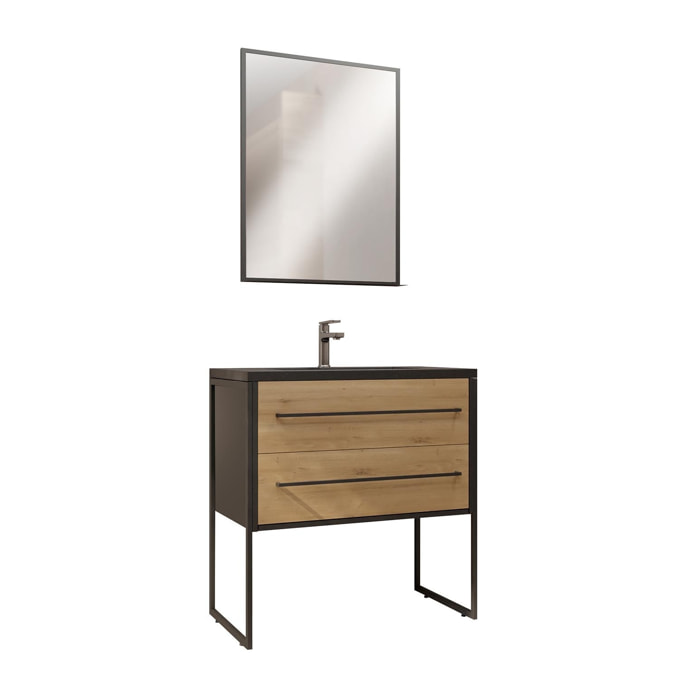 Pack Meuble Salle de Bain 80 cm Noir Mat & Bois 2 Tiroirs - Vasque Noire Effet Pierre - Miroir