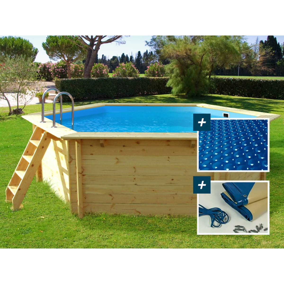 Piscine bois "Hawai" - 4.10 x 1.20 m + Bâche à bulles 180 + Bâche hiver 280 gr/m²