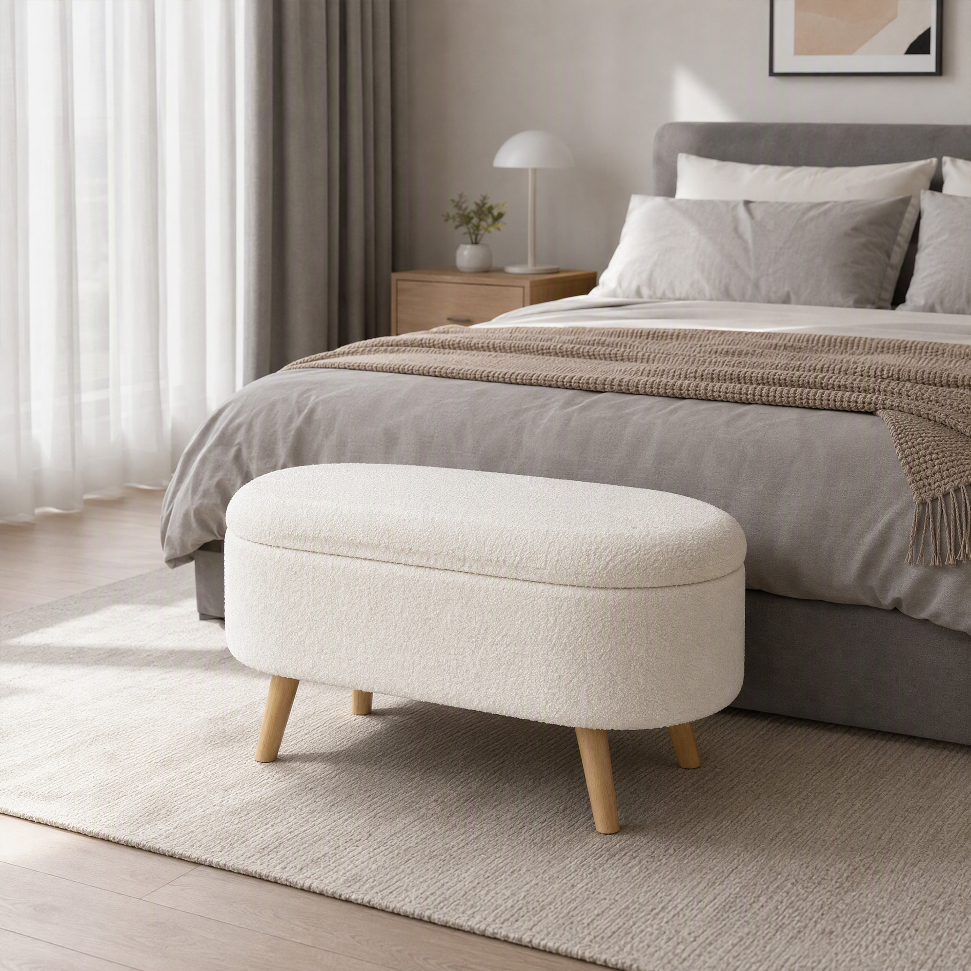 Banquette coffre style nordique bois bouclettes blanc