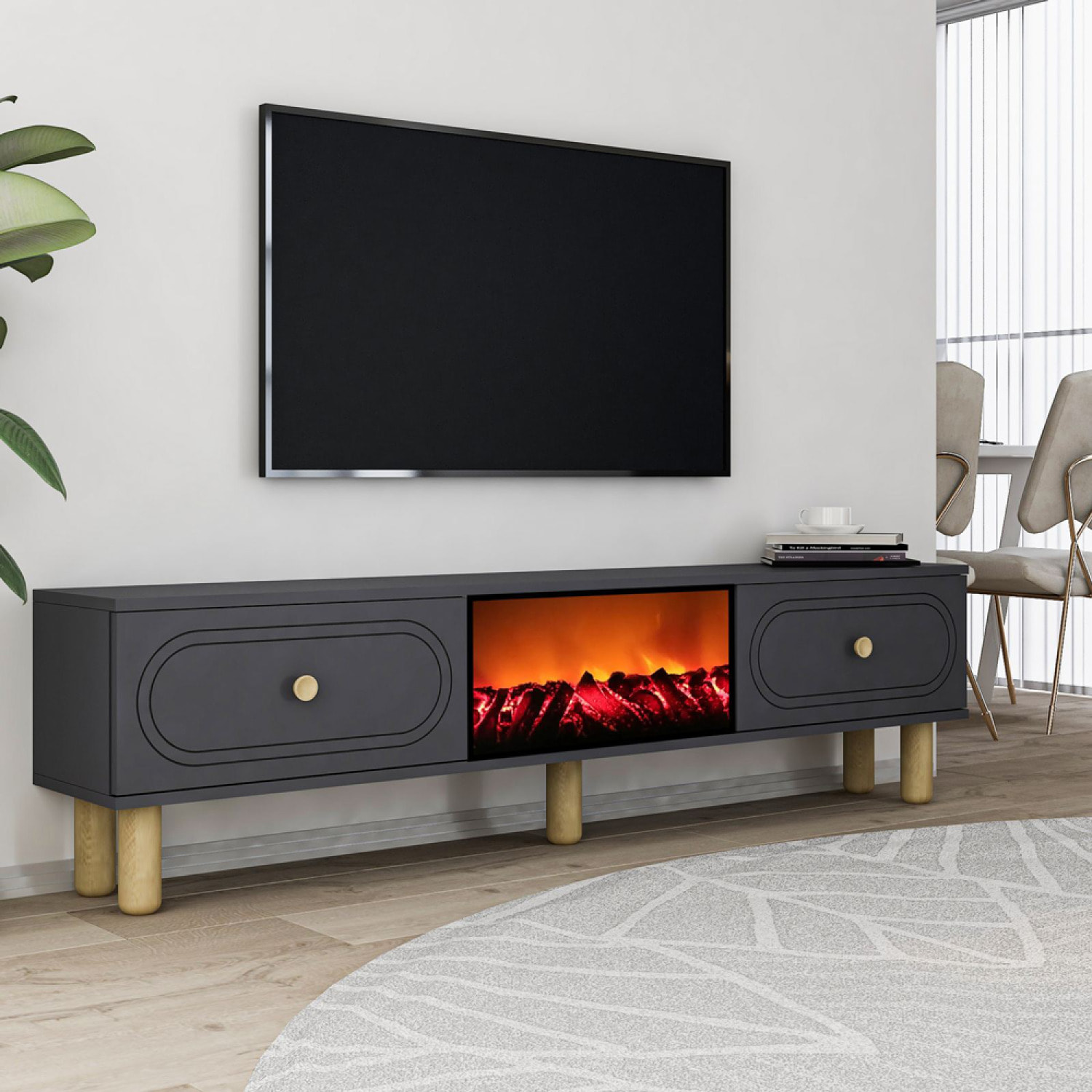 WORTHING Meuble TV avec cheminée LED 150cm gris anthracite