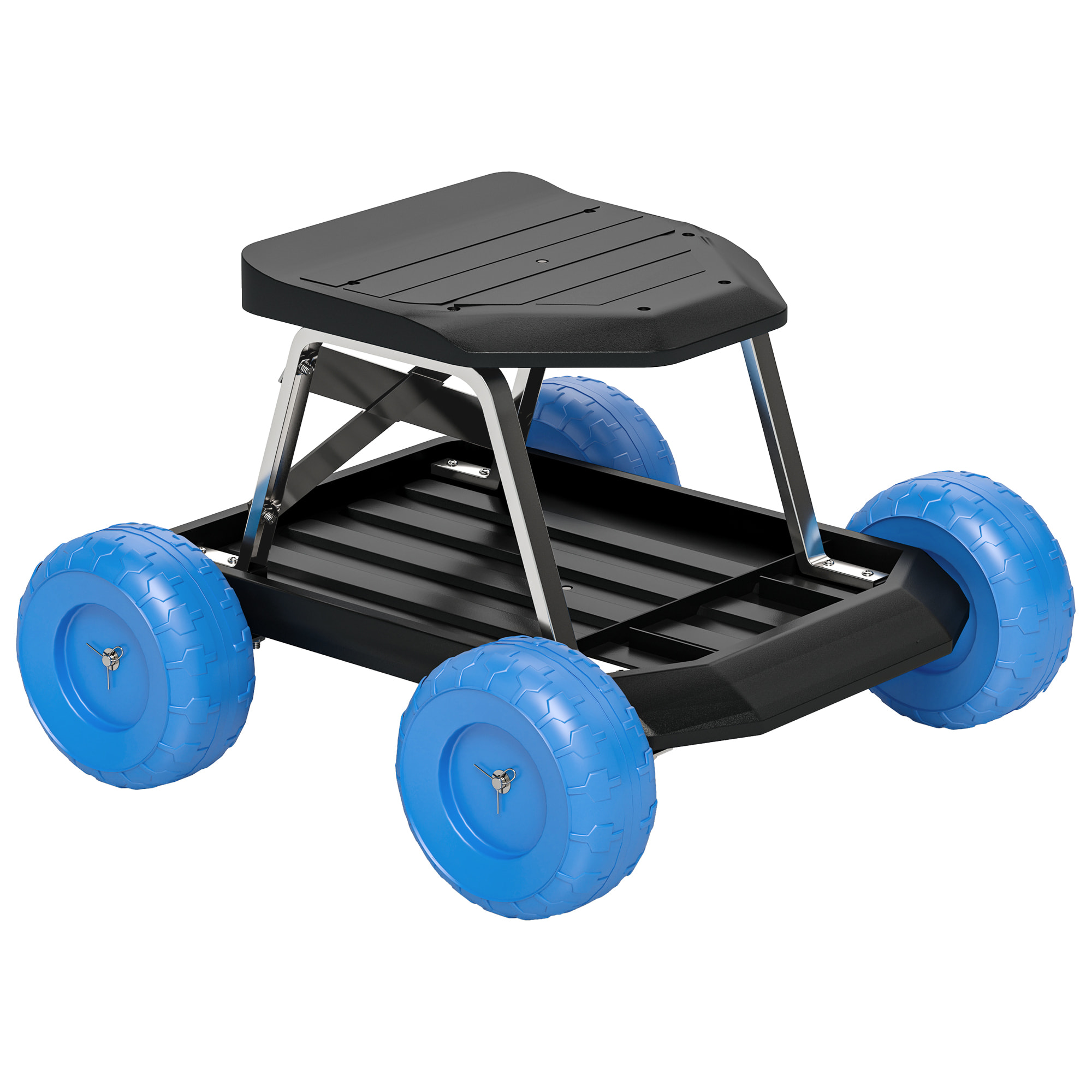 Tabouret de jardinage - siège de jardin sur roues - plateau à outils intégré - bleu noir