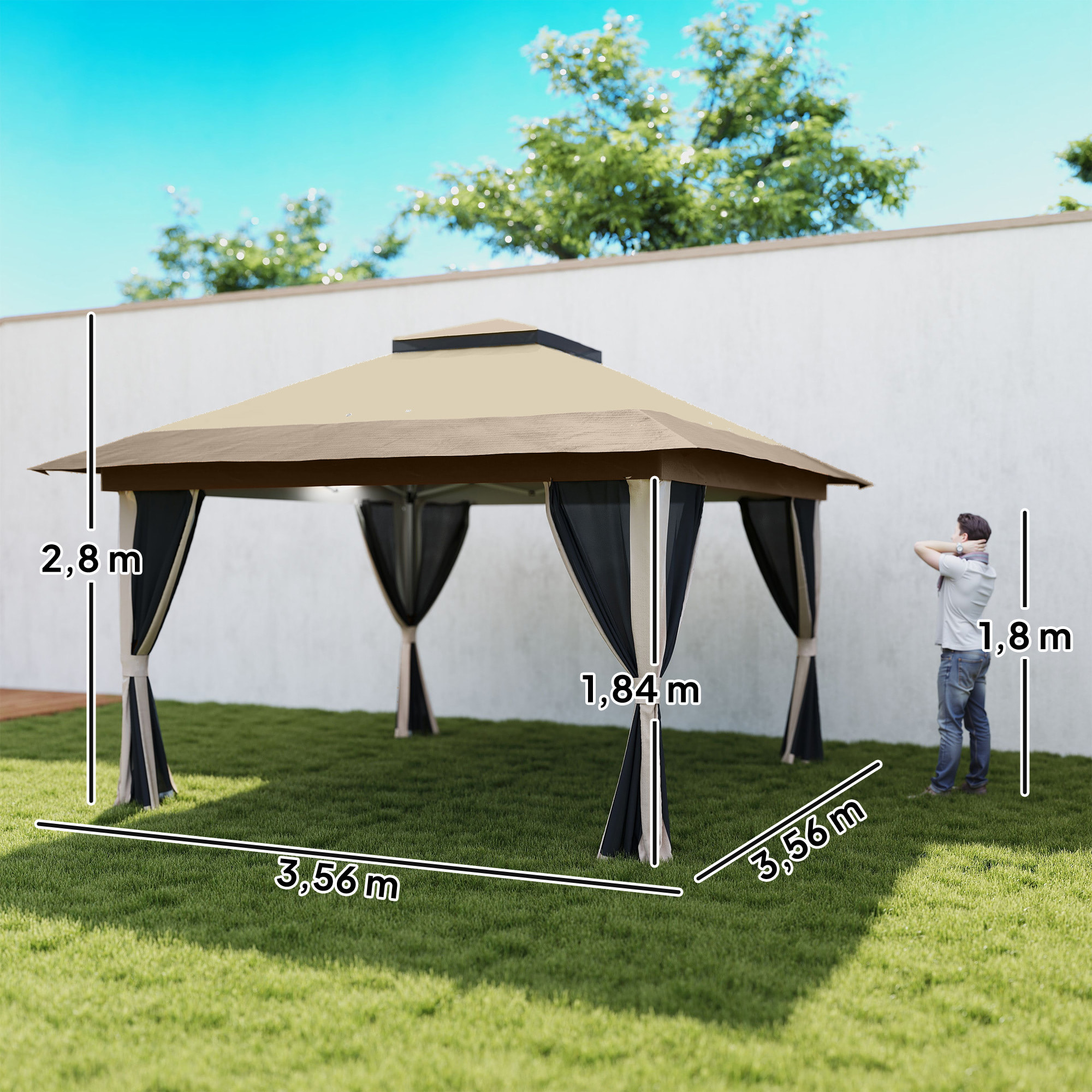 Carpa Plegable Gazebo, 3,6x3,6 m, Cenador Plegable con 4 Paredes Laterales de Malla, Anti-UV, Altura Ajustable, Bolsa de Arena y Bolsa de Transporte, para Camping, Fiestas, Beige