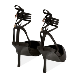 Zapatos de salón slingback negros de tela con cordones para mujer