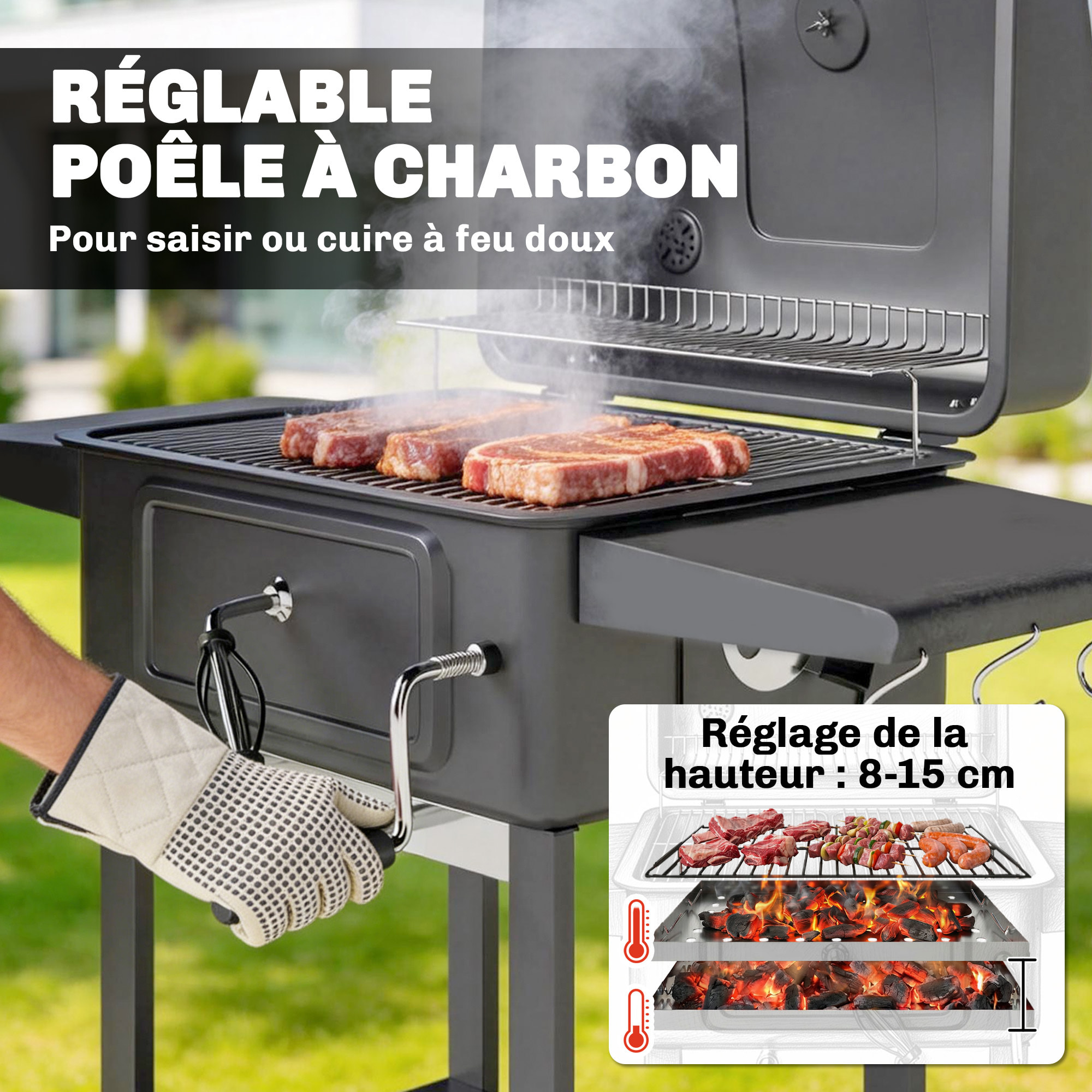 Barbecue charbon smocker mobile métal 3 étagères cheminée thermomètre noir