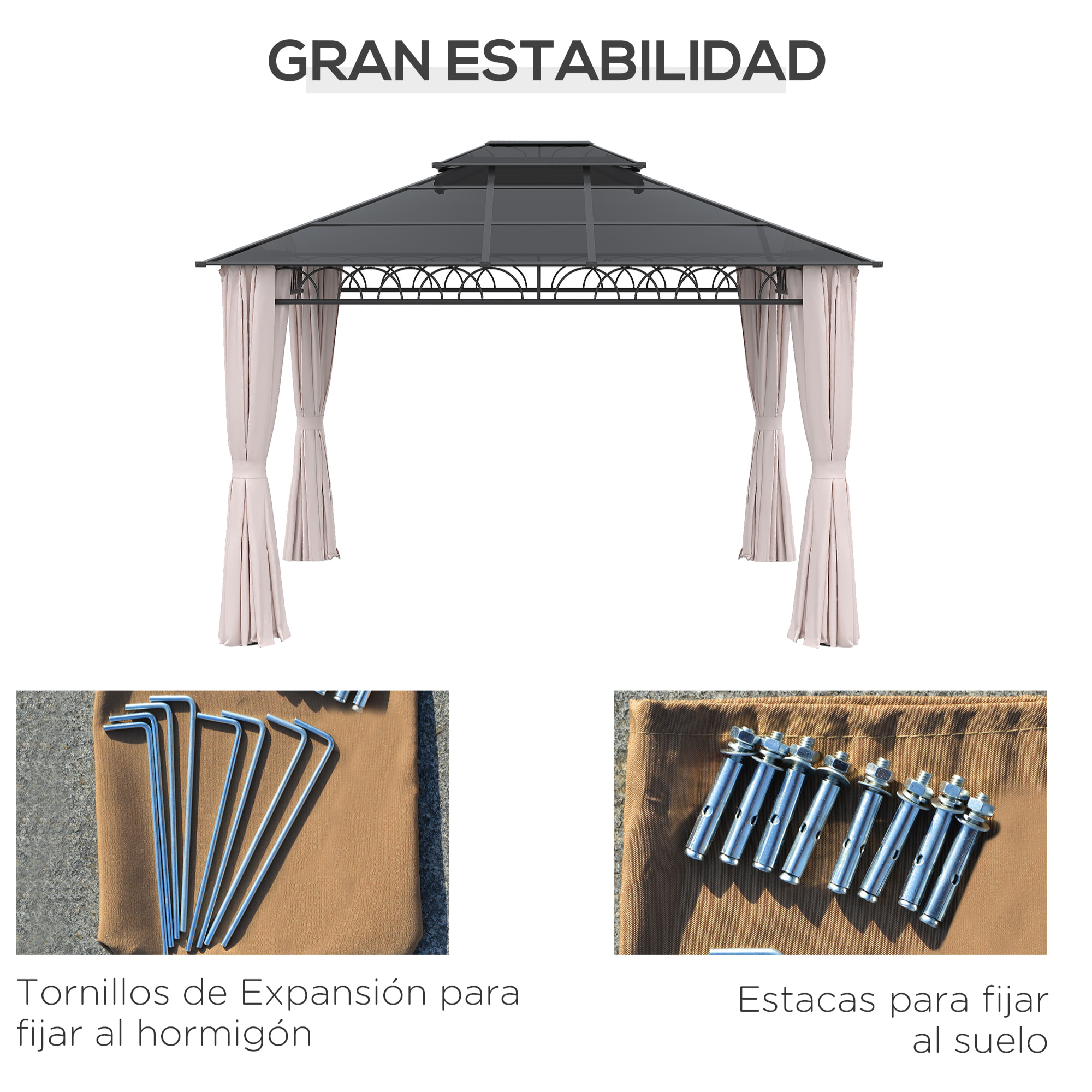 Cenador de Jardín 3,6x3m con Techo Doble de Policarbonato 4 Cortinas Mosquiteras