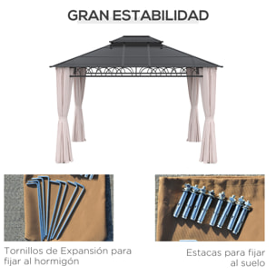 Cenador de Jardín 3,6x3m con Techo Doble de Policarbonato 4 Cortinas Mosquiteras