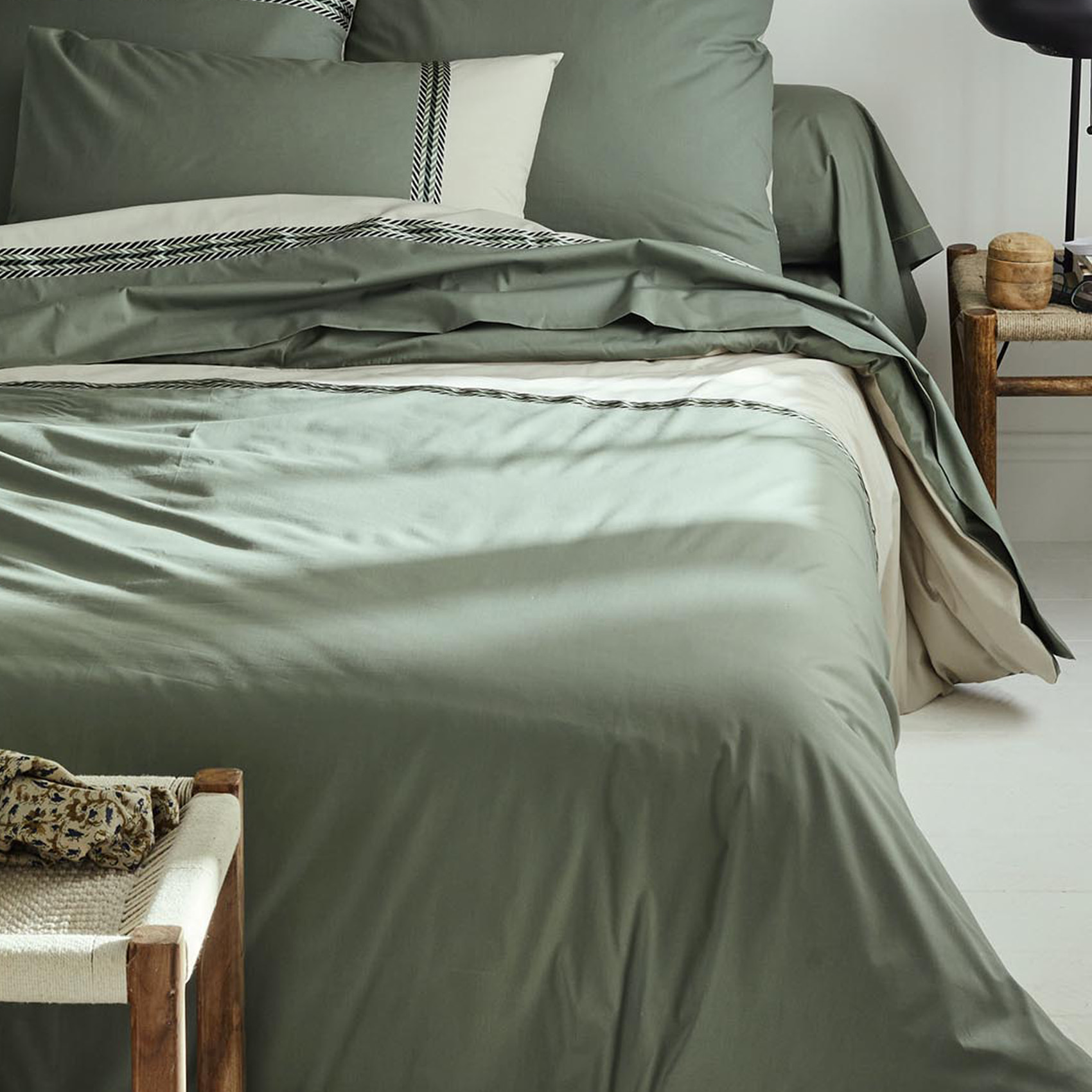 Housse de couette en percale de coton au galon géométrique - Vert Olive