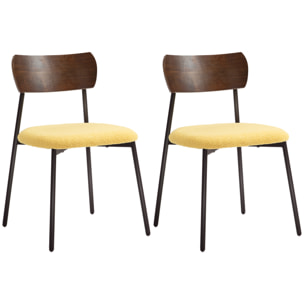 Lot de 2 chaises style vintage piètement structure métal noir dossier aspect bois assise effet laine bouclée jaune