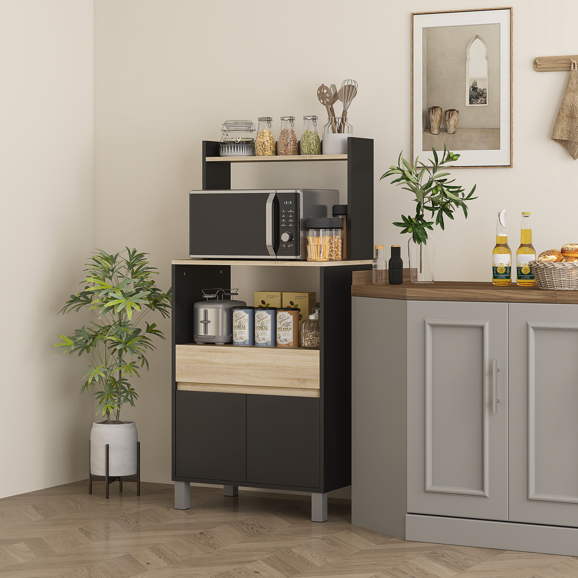 Meuble de rangement desserte de cuisine pour micro-ondes avec placard tiroir étagère supérieur 60 x 40 x 131 cm naturel et noir