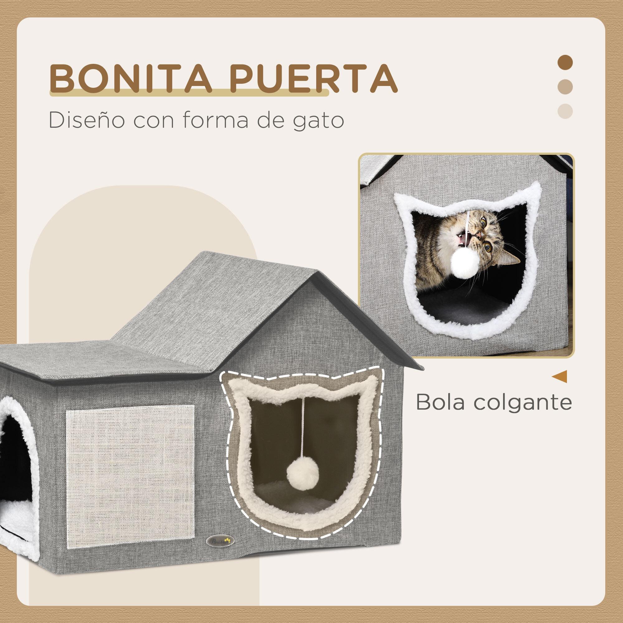 Caseta para Gatos Casa para Gatos Interior Cama Cueva para Gatos con Almohadilla para Rascar Cojín Suave y Bola Colgante 65x41x45,5 cm Gris