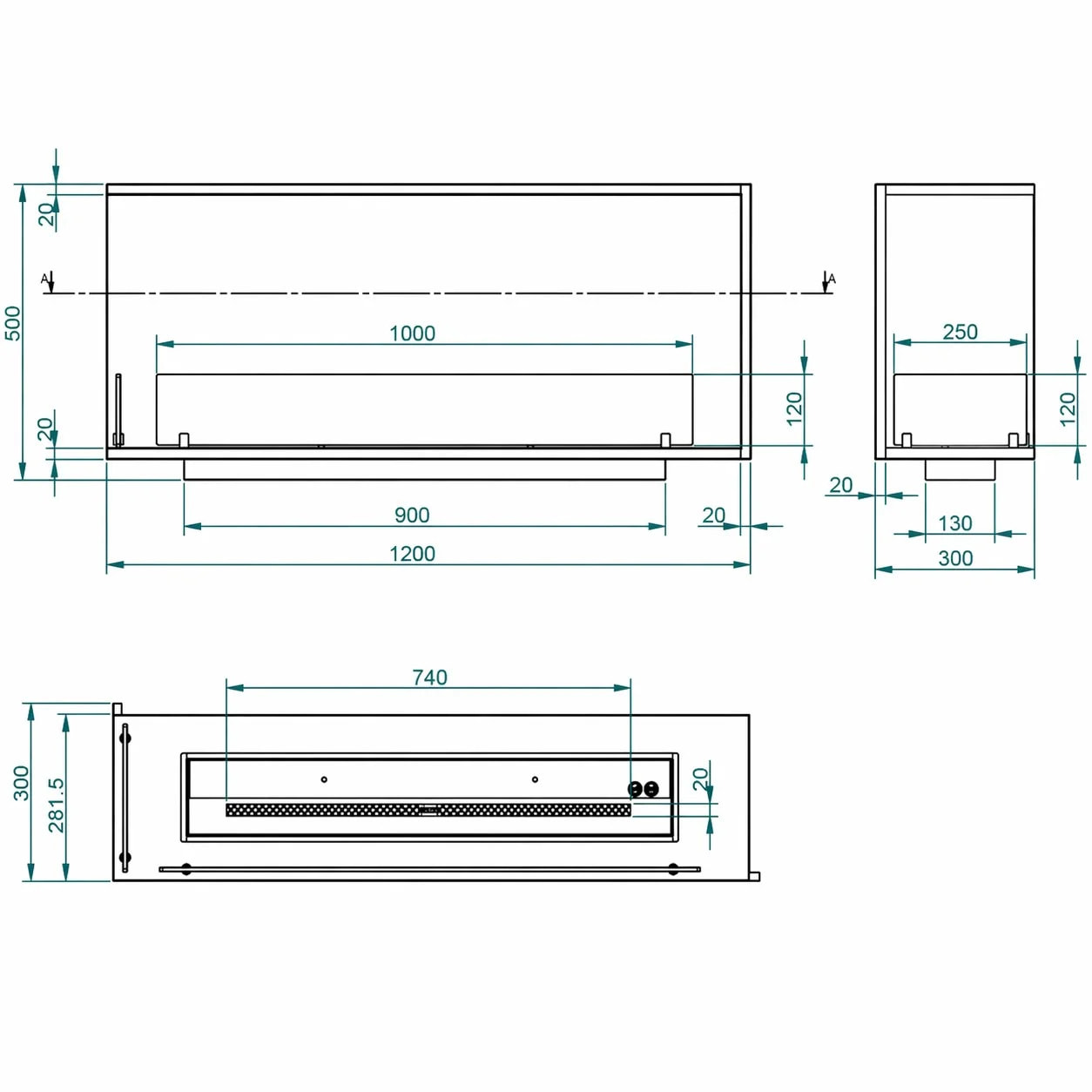 Urano 120 - Camino a Bioetanolo da Incasso Angolare Sinistro 120x50x30 cm con Bruciatore 3lt in Acciaio