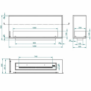 Urano 120 - Camino a Bioetanolo da Incasso Angolare Sinistro 120x50x30 cm con Bruciatore 3lt in Acciaio