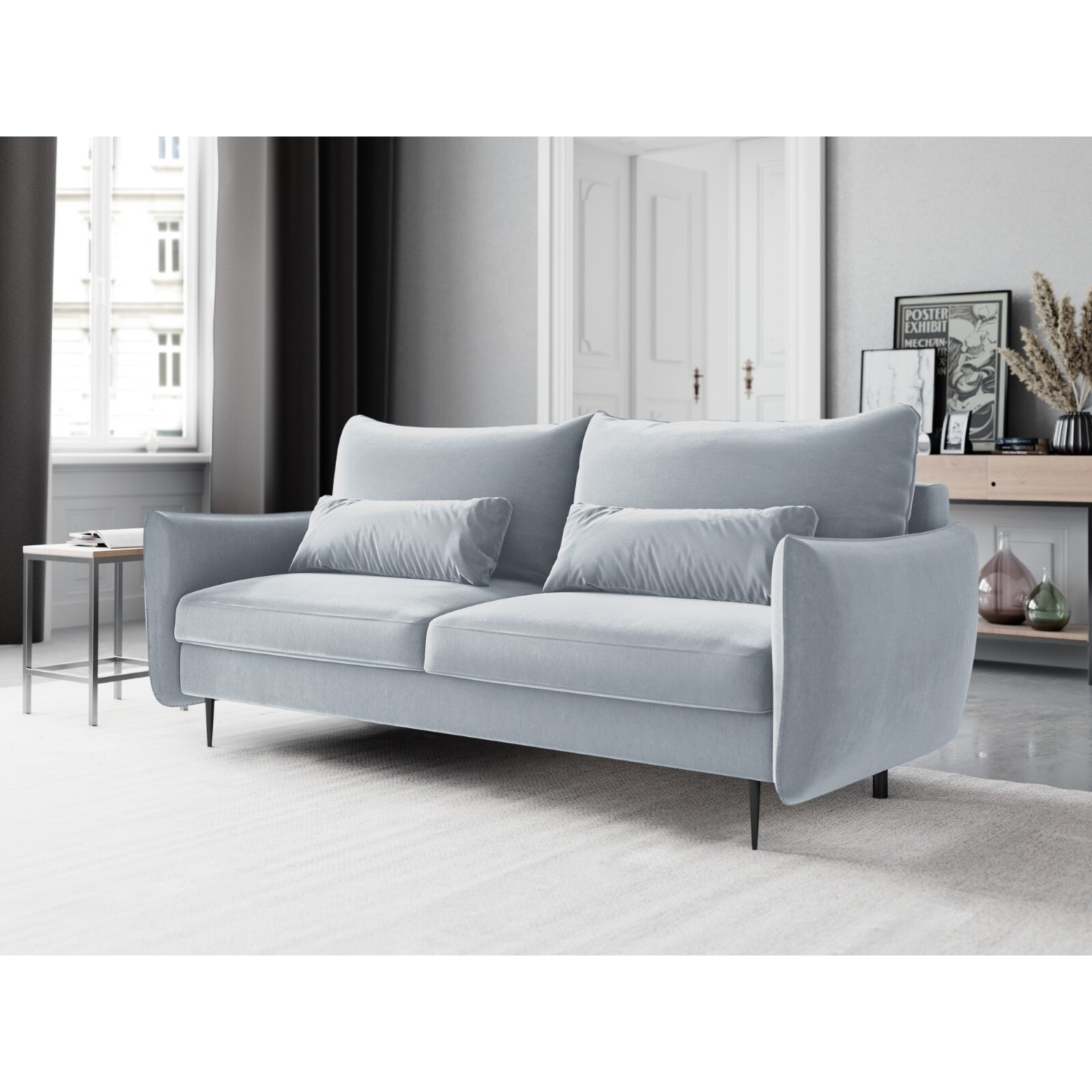 Canapé convertible avec coffre de rangement "Vermont" 3 places en velours bleu clair