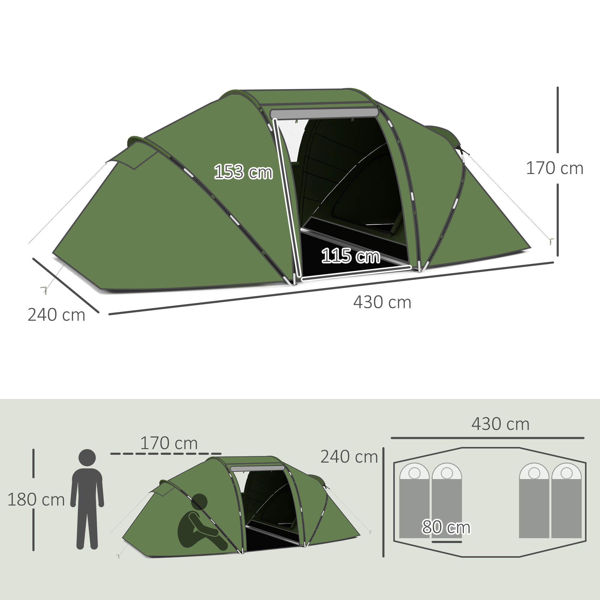 Tienda de Campaña Familiar para 4-6 Personas Tienda Camping Plegable Ligera con Bolsa de Transporte Impermeable para Playa Parque Senderismo 430x240x170 cm Verde