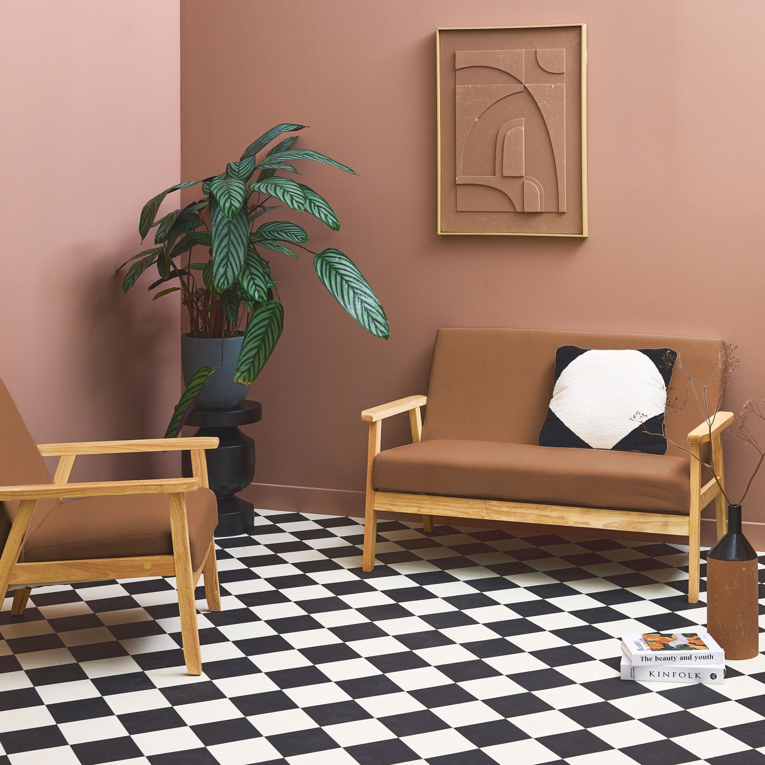 Canapé banquette 2 places + Fauteuil velours côtelé. pieds bois. marron