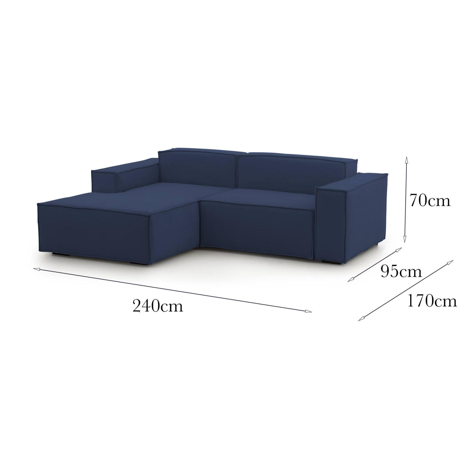 Divano fisso Daniela, Divano componibile a 2 posti large con penisola sinistra, 100% Made in Italy, Sofà moderno in tessuto, Cm 240x170h70, Blu