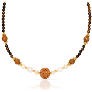 Collar de ojos de tigre, perlas naturales y semilla de Buda, con cierre de mosquetón.