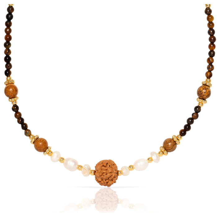 Collar de ojos de tigre, perlas naturales y semilla de Buda, con cierre de mosquetón.
