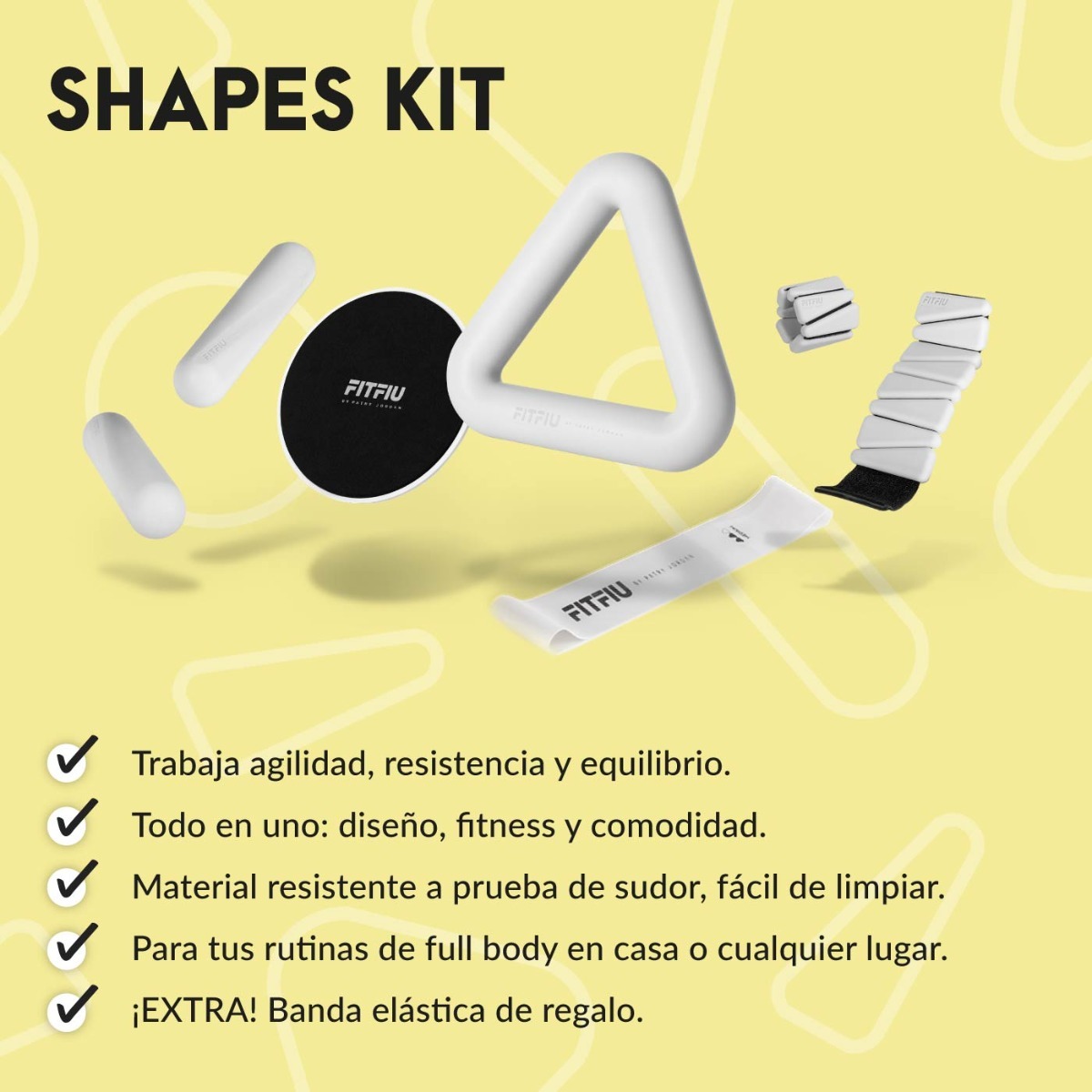 Kit Fitness 4 accesorios con Pesa rusa, Mancuernas, Muñequeras, Discos, Cinta