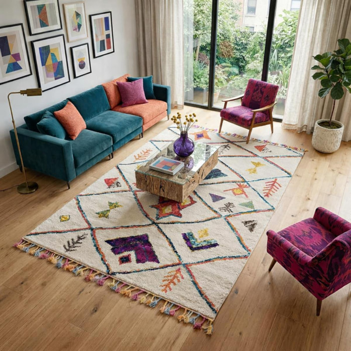 Tapis Mevo crème et multicolore motif traditionnel berbère