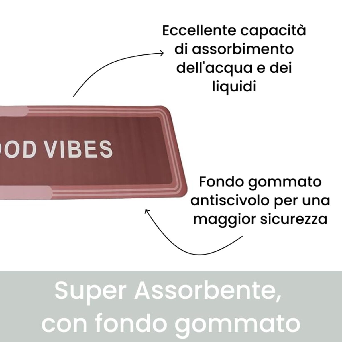 Tappeto Bagno, Tappeto Doccia Antiscivolo, Assorbente, Lavabile, 50x140 cm, Tappetino Magico per Bagno e Cucina. Modello: Good Vibes