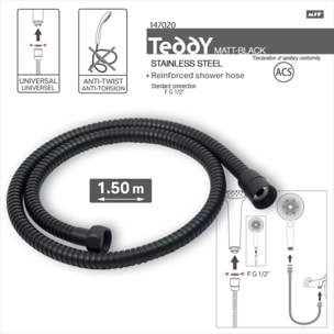 Flexible de douche MSV Teddy 1,50 m Ø14 mm – Double verrouillage anti-torsion – Noir mat