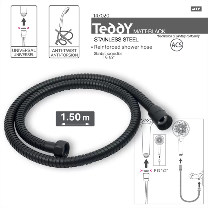 Flexible de douche MSV Teddy 1,50 m Ø14 mm – Double verrouillage anti-torsion – Noir mat
