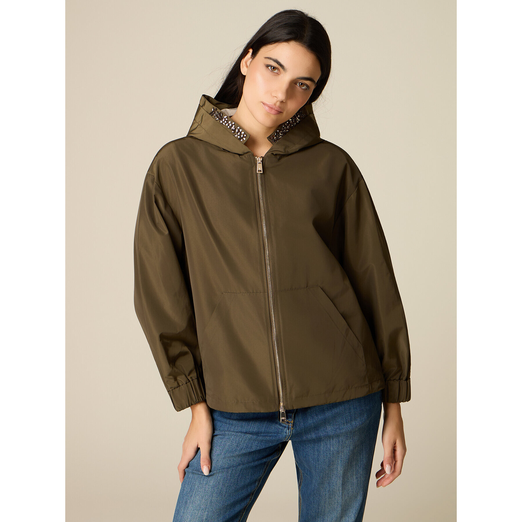 Oltre - Chaqueta de nylon con detalle joya - Verde militare