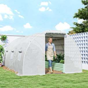 Serre tunnel 13,5 m² dim. 4,5 x 3 x 2 m - 6 fenêtres, porte zippée enroulable - acier galvanisé PE haute densité blanc