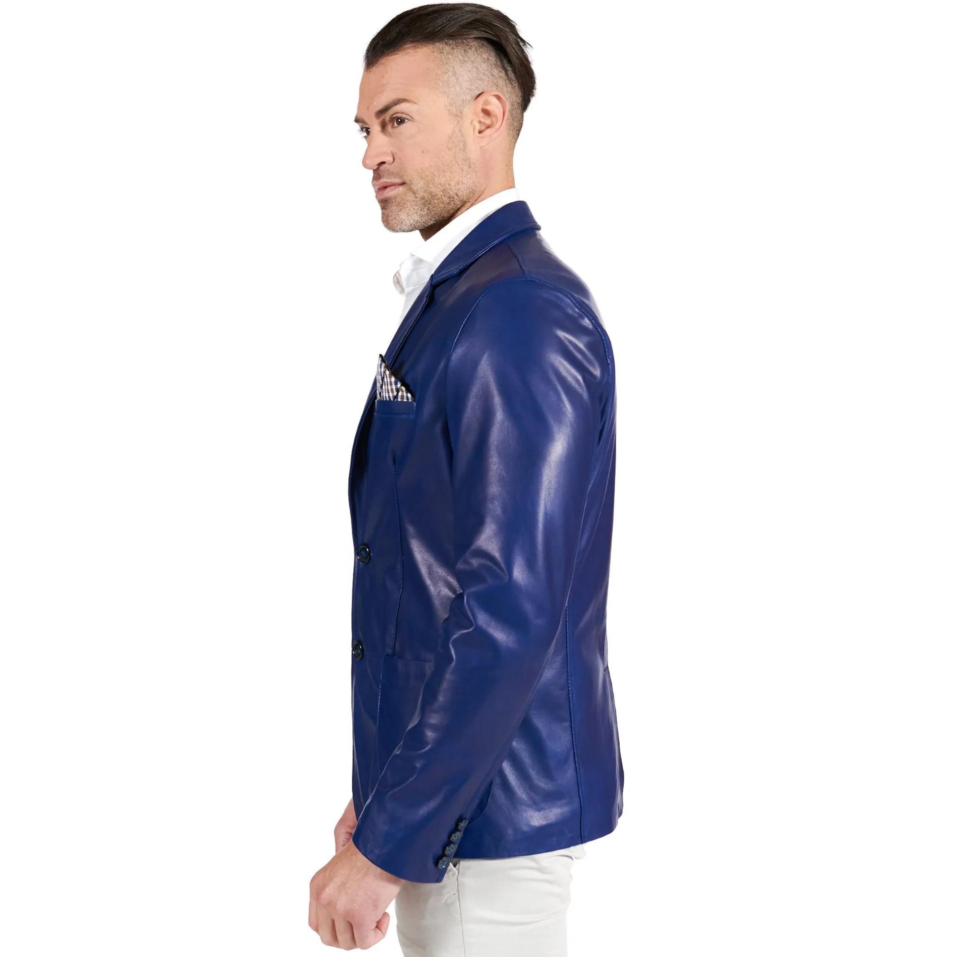 Blazer in pelle naturale bluette con taschino e fazzoletto