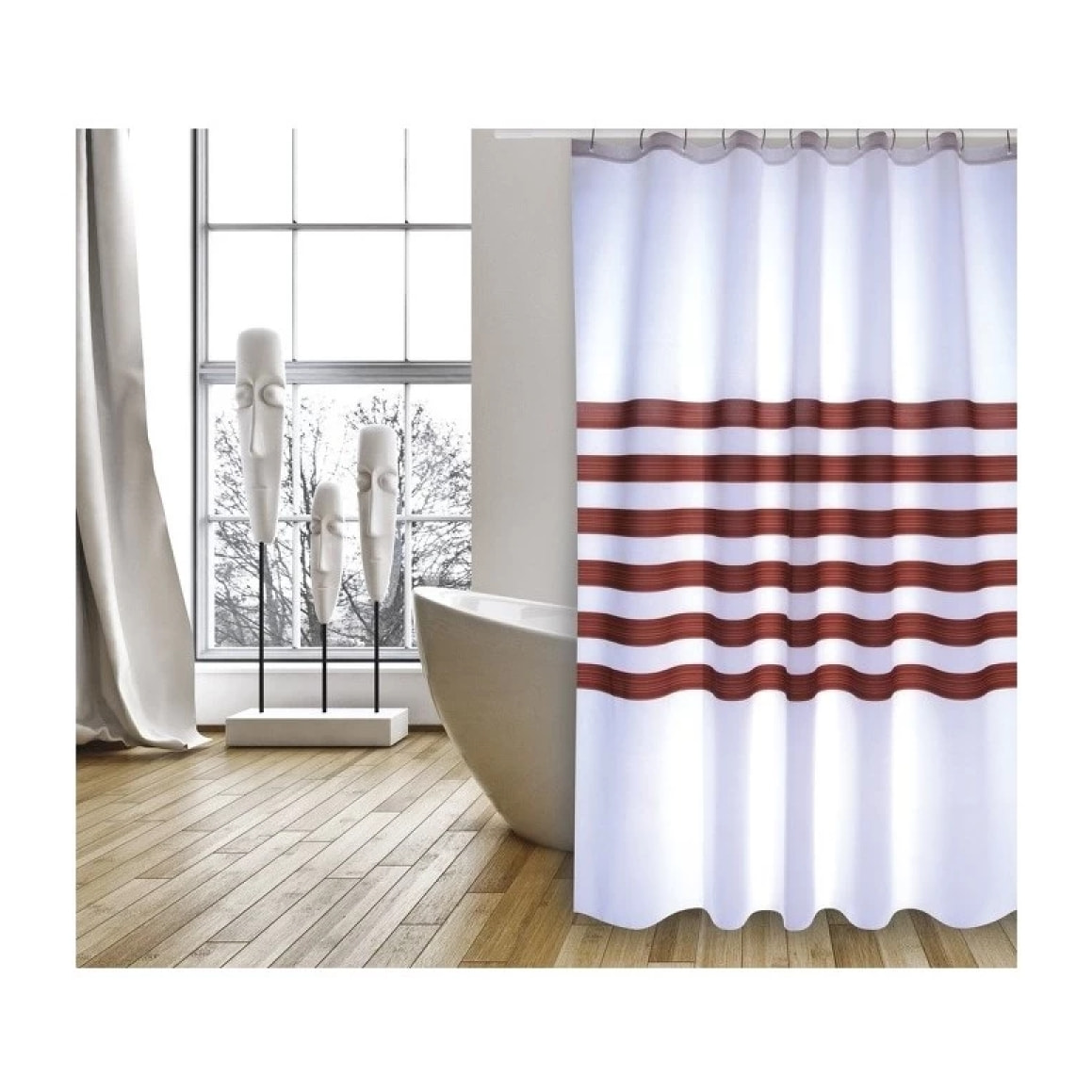 Rideau de douche Polyester RAYAS 180x200cm QUALITE PREMIUM Blanc & Marron - Anneaux inclus MSV