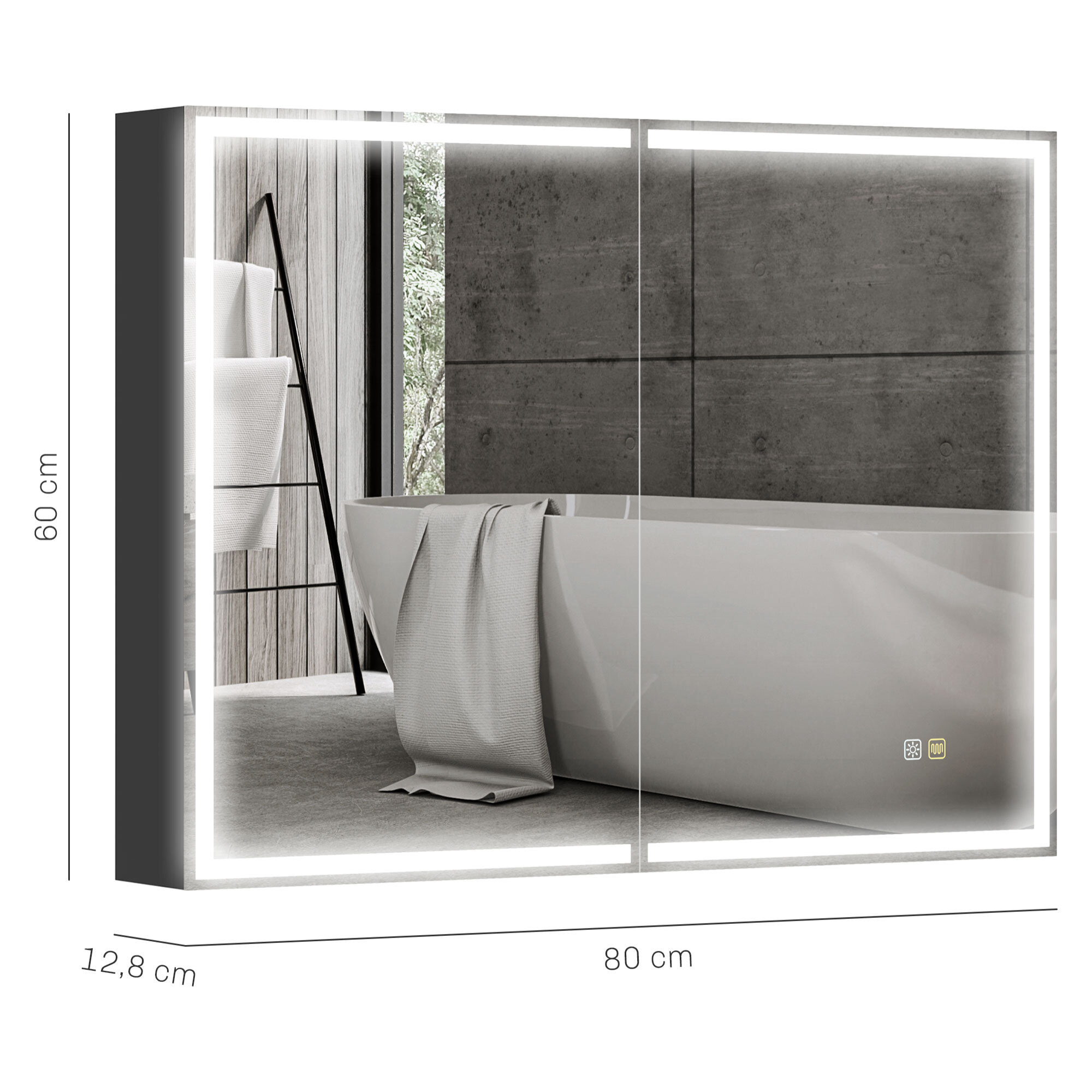 Armoire murale salle de bain  2 portes miroir lumineux LED intégré 60 x 80 cm 2 étagères verre alu noir