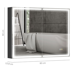 Armoire murale salle de bain  2 portes miroir lumineux LED intégré 60 x 80 cm 2 étagères verre alu noir