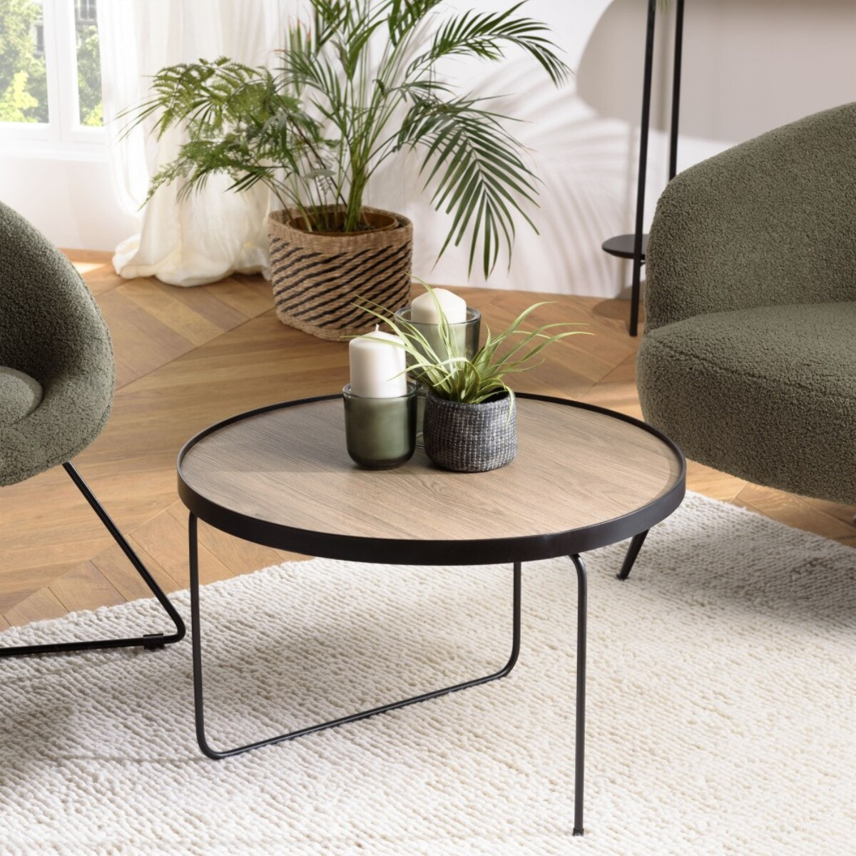 JULIA - Table basse ronde 60x60cm mocha pieds asymétriques métal noir