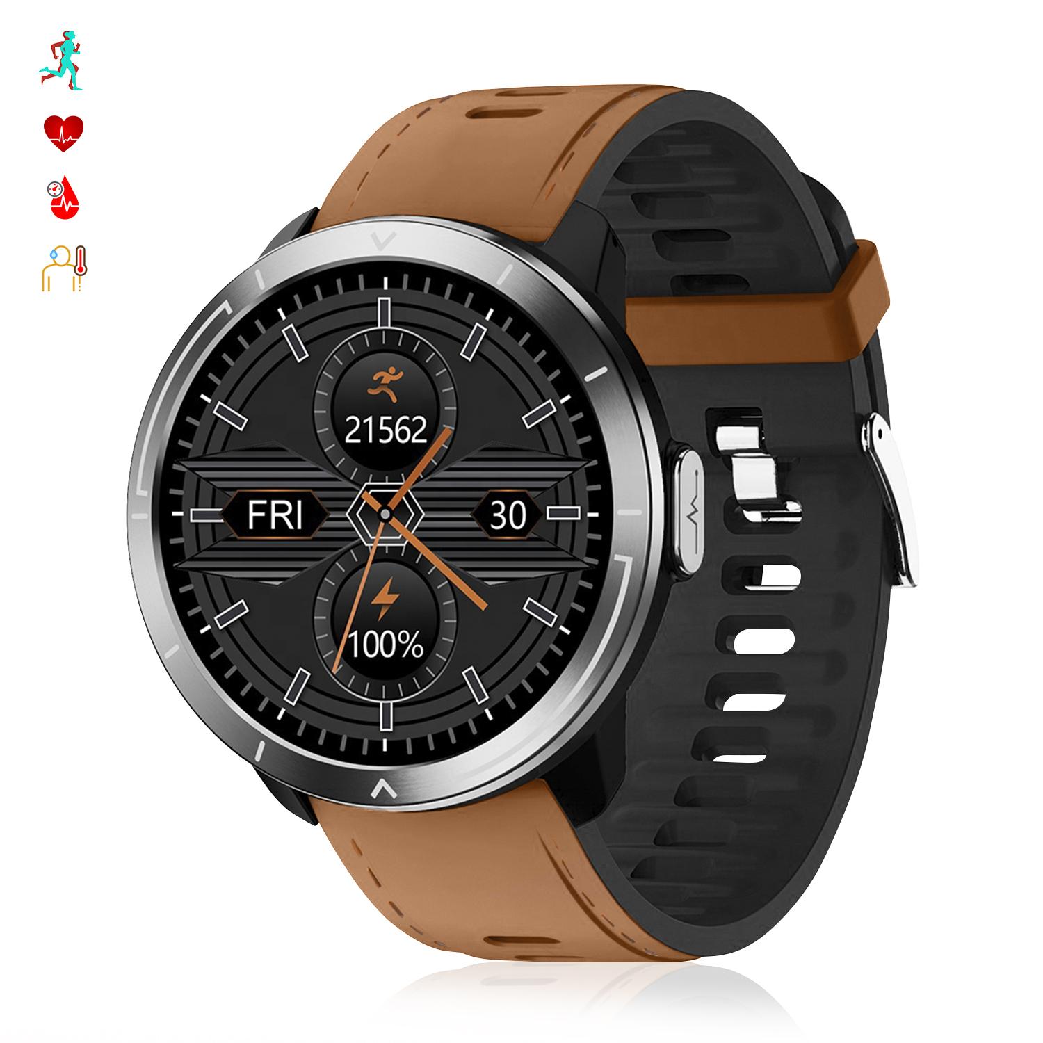 Smartwatch M18 Plus. Pulsera de cuero y silicona. Con termómetro corporal, frecuencia respiratoria, tensión y O2 en sangre. Modo multideportivo.