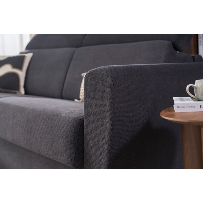Canapé convertible avec têtières ajustables 3 places en tissu effet velours gris anthracite et bois clair avec matelas 13 cm GOYA
