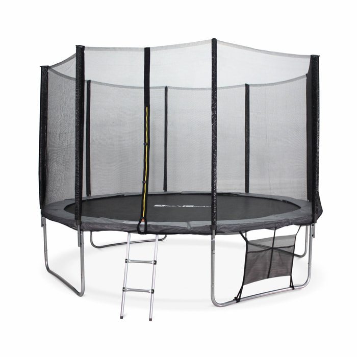 Trampoline 370cm - Saturne XXL Gris - avec filet de protection. échelle. bâche. filet pour chaussures. kit d'ancrage. trampoline de jardin 370 cm |Qualité PRO |Normes EU