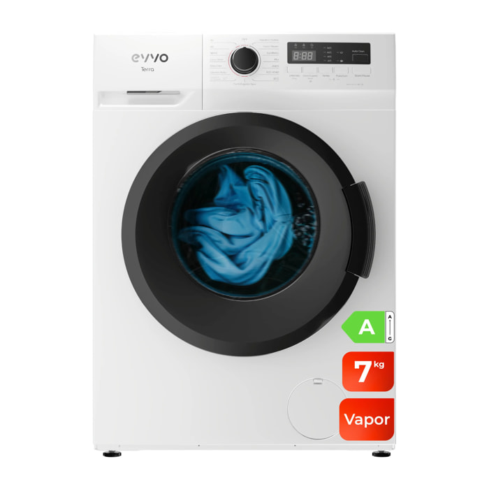 EVVO Lavadora 7 kg carga frontal Terra 7, 1200 rpm, Clase energética A, Motor Inverter, 15 programas, Lavado Rápido 15', Inicio diferido, Blanco