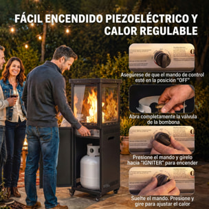 Estufa de Gas Butano Exterior, 13 kW, Calefactor de Gas Terraza con Regulación Continua del Calor, Encendido Piezoeléctrico, Antivuelco, 4 Ruedas, Vidrio Templado y Piedras Lava, 30 m² Negro