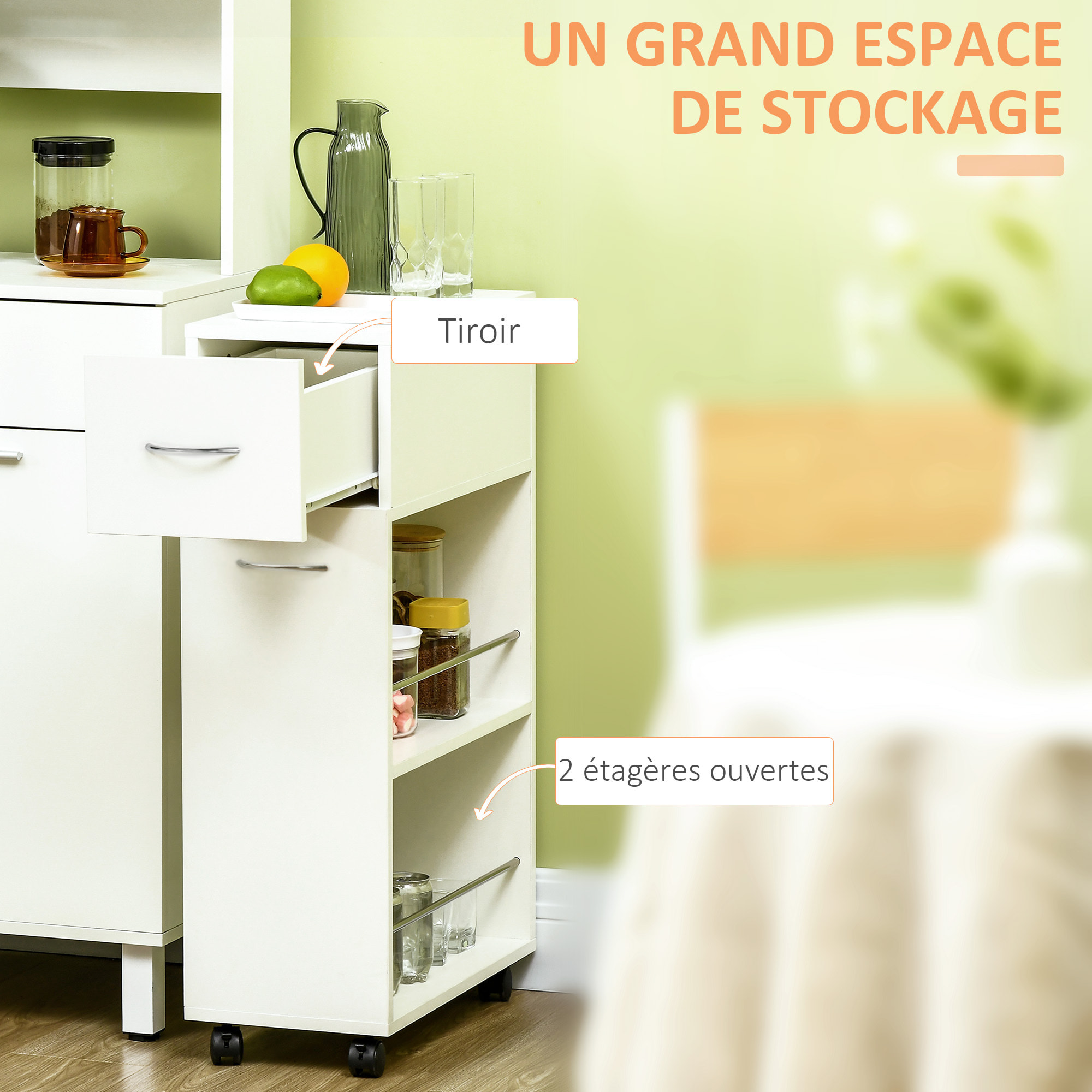 Chariot desserte de cuisine - tiroir, 2 étagères - dim. 25L x 50l x 85H cm - panneaux acier blanc