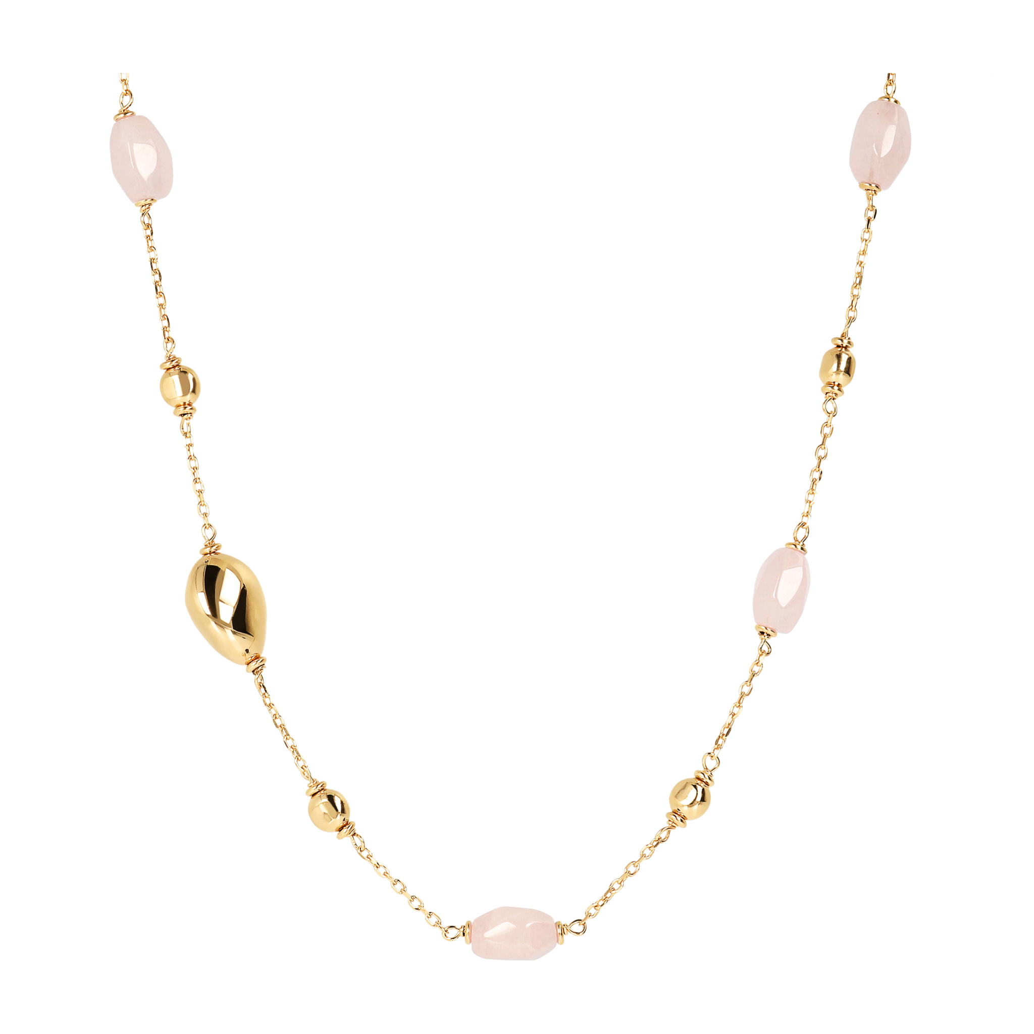 Collana Catena Rolo con Bead in Argento 925 placcato Oro 18kt e Pietra Naturale Sfaccettata Quarzo Rosa