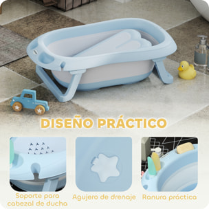 Bañera Plegable Bebé con Soporte 83x48x23,5 cm Bañera Bebé 0-3 Años con Orificio de Drenaje y Agujero de Ducha Azul Claro