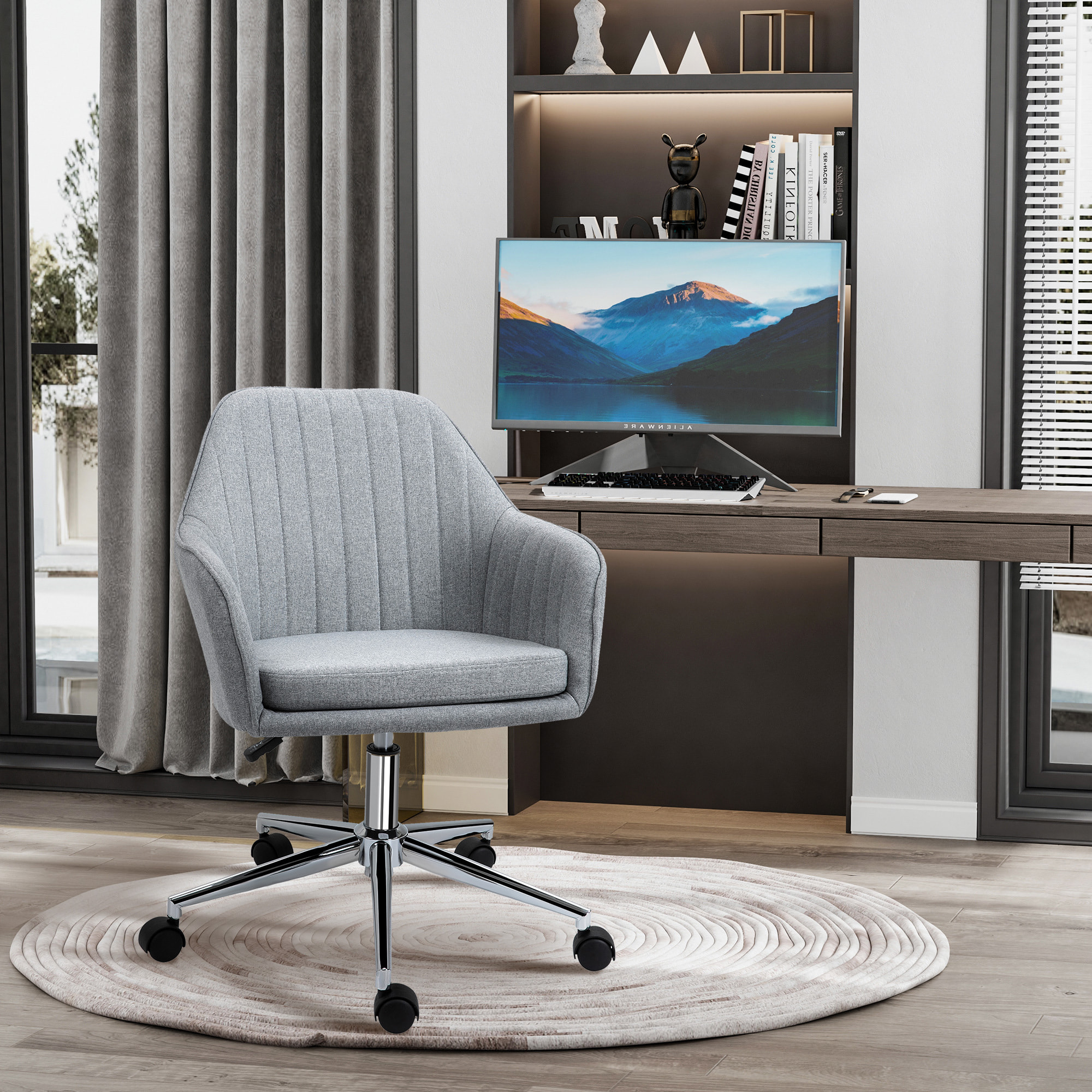 Chaise de bureau design contemporain piètement chromé lin gris