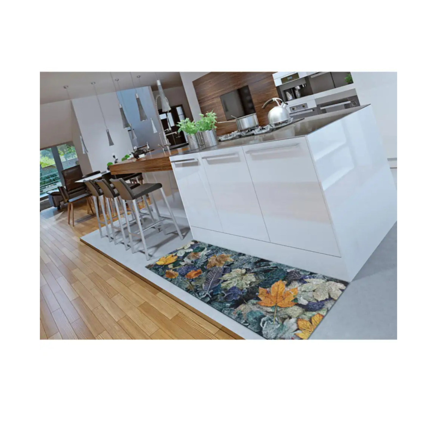 RICCI Alfombra vinílica de cocina dibujos con hojas en azul, varias medidas disponibles.