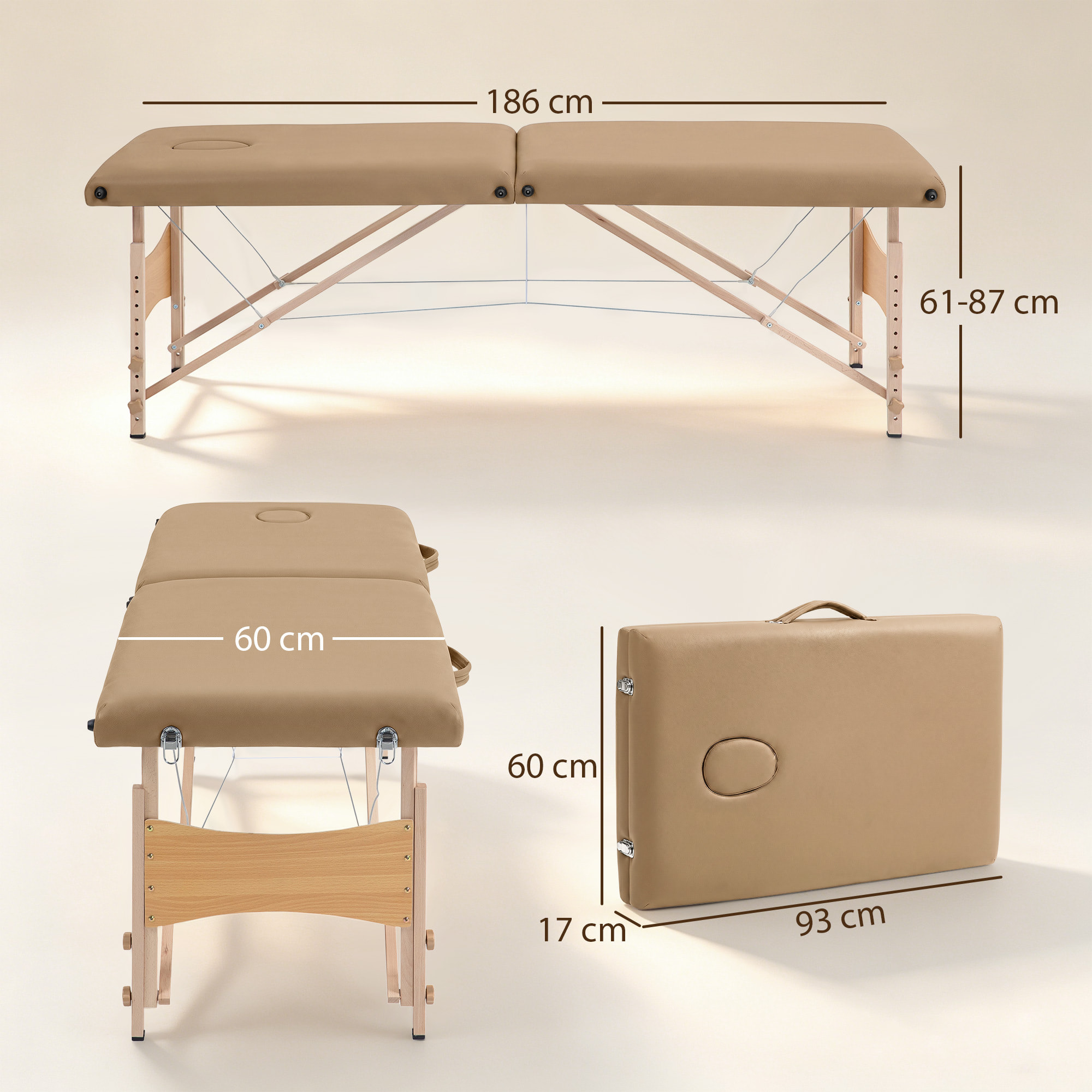 Camilla de Masaje Plegable Mesa de Masaje Portátil con Reposacabezas Marco de Madera Camilla Fisioterapia con Altura Regulable y Bolsa de Transporte 186x60x61-87 cm Marrón Claro