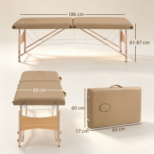 Camilla de Masaje Plegable Mesa de Masaje Portátil con Reposacabezas Marco de Madera Camilla Fisioterapia con Altura Regulable y Bolsa de Transporte 186x60x61-87 cm Marrón Claro