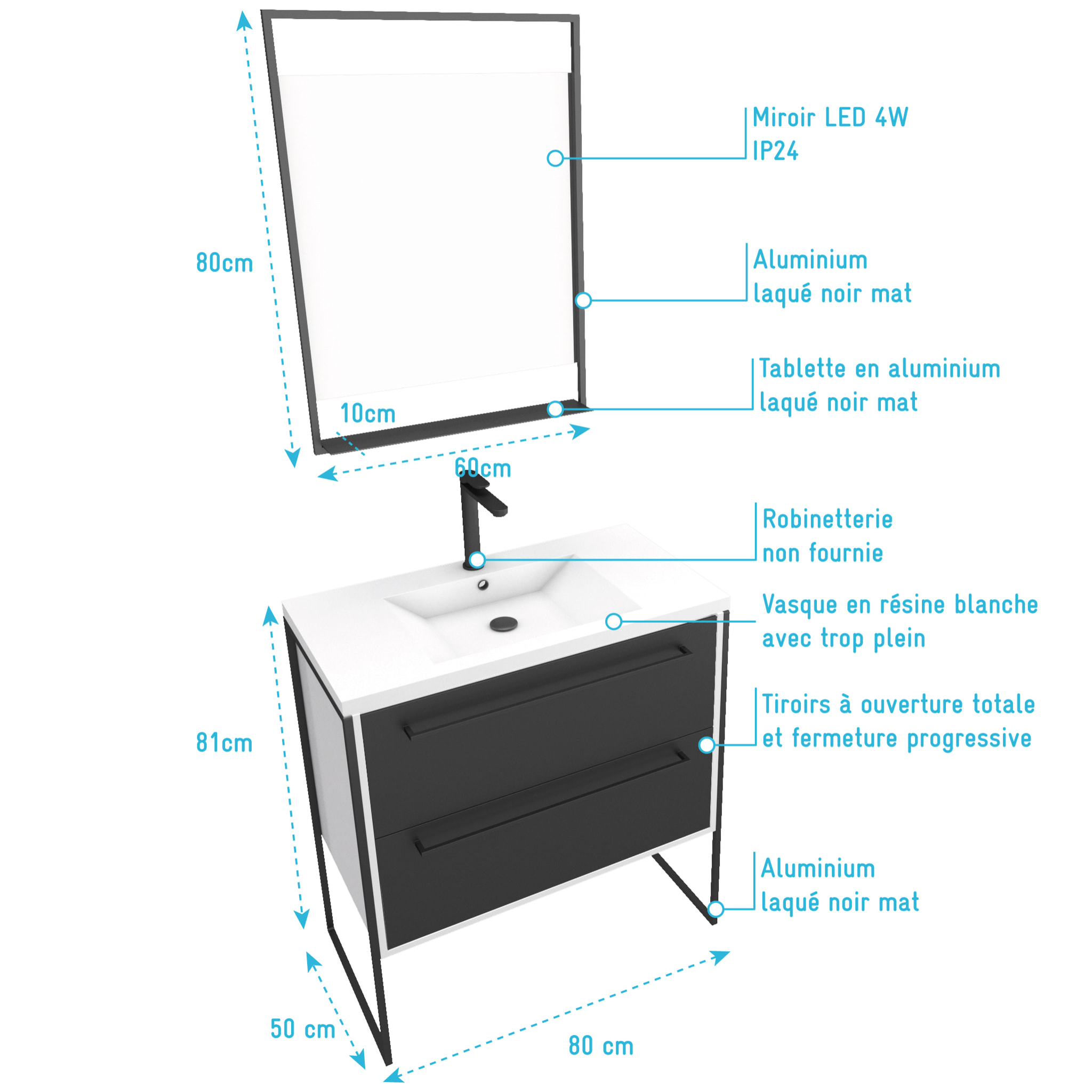 Pack meuble de salle de bain 80x50 cm Blanc - 2 tiroirs - vasque resine blanche - miroir LED
