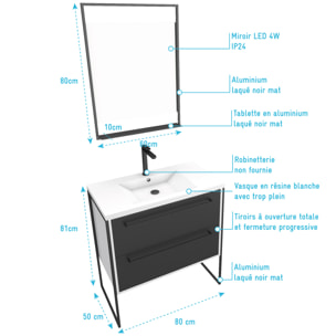 Pack meuble de salle de bain 80x50 cm Blanc - 2 tiroirs - vasque resine blanche - miroir LED